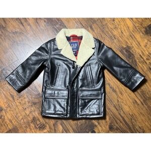 Gap Kids Black Cow Leather Jacket Wool Plaid Lining Vintage 2008 XS 4